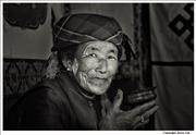 Old lady drinking Yak butter tea Junpa Tibet